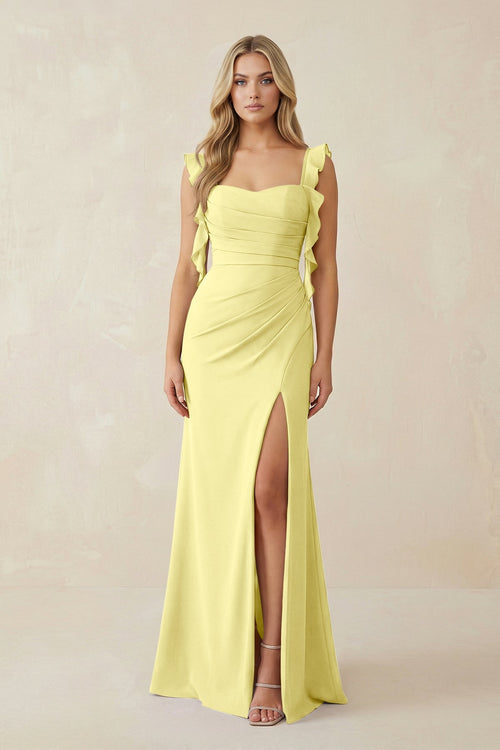 Ruffled Sleeve Ruched Sheath Chiffon Bridesmaid Dress in Buttercup - SHE IS ME BRIDESMAID DRESSES