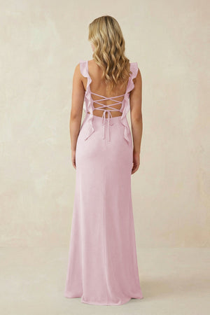 Ruffled Sleeve Ruched Sheath Chiffon Bridesmaid Dress in Candy Pink - SHE IS ME BRIDESMAID DRESSES