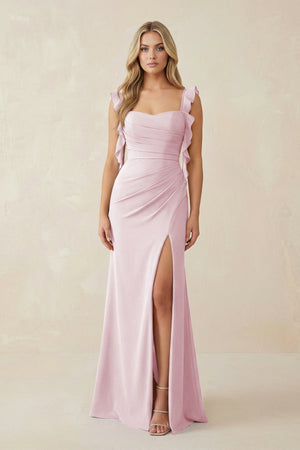 Ruffled Sleeve Ruched Sheath Chiffon Bridesmaid Dress in Candy Pink - SHE IS ME BRIDESMAID DRESSES