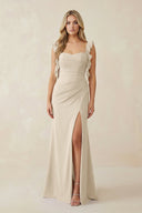 Ruffled Sleeve Ruched Sheath Chiffon Bridesmaid Dress in Champagne - SHE IS ME BRIDESMAID DRESSES