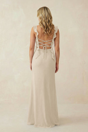 Ruffled Sleeve Ruched Sheath Chiffon Bridesmaid Dress in Champagne - SHE IS ME BRIDESMAID DRESSES