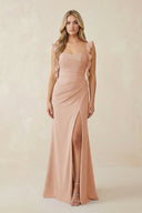 Ruffled Sleeve Ruched Sheath Chiffon Bridesmaid Dress in Champagne Rose - SHE IS ME BRIDESMAID DRESSES