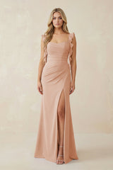 Ruffled Sleeve Ruched Sheath Chiffon Bridesmaid Dress in Champagne Rose - KISS BRIDAL BRIDESMAID DRESSES