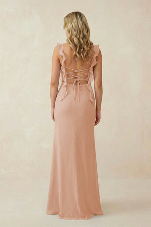 Ruffled Sleeve Ruched Sheath Chiffon Bridesmaid Dress in Champagne Rose - SHE IS ME BRIDESMAID DRESSES