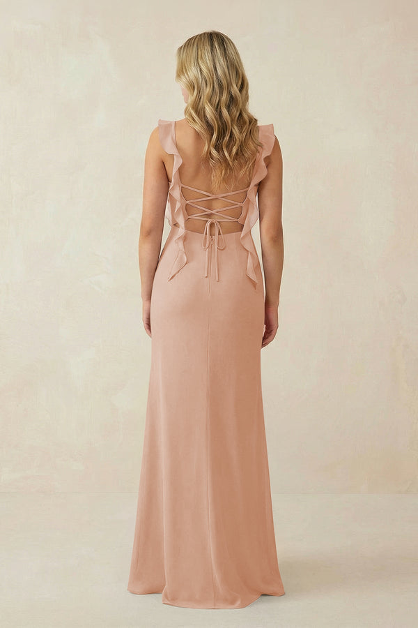 Ruffled Sleeve Ruched Sheath Chiffon Bridesmaid Dress in Champagne Rose - SHE IS ME BRIDESMAID DRESSES