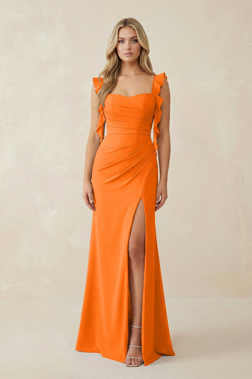 Ruffled Sleeve Ruched Sheath Chiffon Bridesmaid Dress in Cinnamon - SHE IS ME BRIDESMAID DRESSES