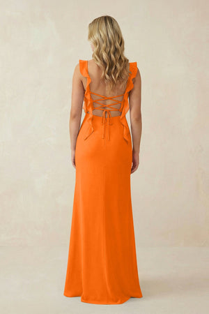 Ruffled Sleeve Ruched Sheath Chiffon Bridesmaid Dress in Cinnamon - SHE IS ME BRIDESMAID DRESSES