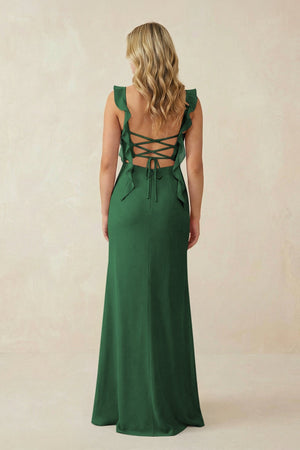 Ruffled Sleeve Ruched Sheath Chiffon Bridesmaid Dress in Dark Green - SHE IS ME BRIDESMAID DRESSES