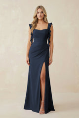Ruffled Sleeve Ruched Sheath Chiffon Bridesmaid Dress in Dark Navy - KISS BRIDAL BRIDESMAID DRESSES