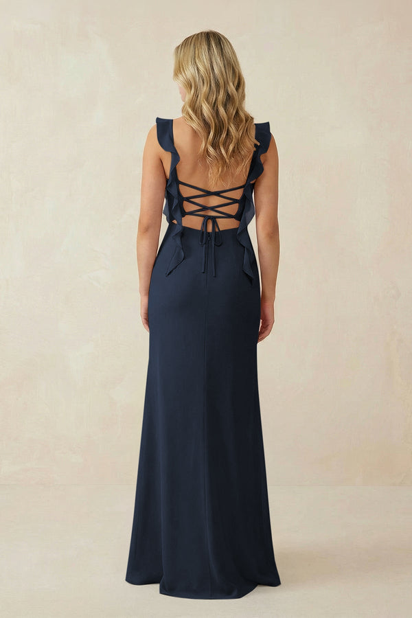 Ruffled Sleeve Ruched Sheath Chiffon Bridesmaid Dress in Dark Navy - SHE IS ME BRIDESMAID DRESSES