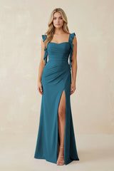 Ruffled Sleeve Ruched Sheath Chiffon Bridesmaid Dress in Dark Teal - KISS BRIDAL BRIDESMAID DRESSES