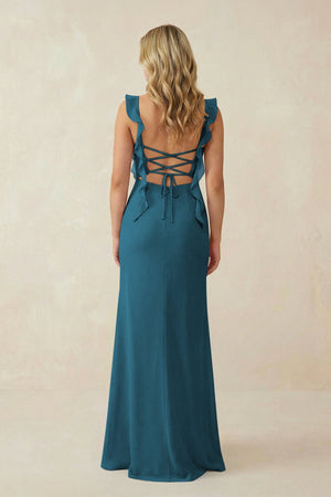 Ruffled Sleeve Ruched Sheath Chiffon Bridesmaid Dress in Dark Teal - SHE IS ME BRIDESMAID DRESSES