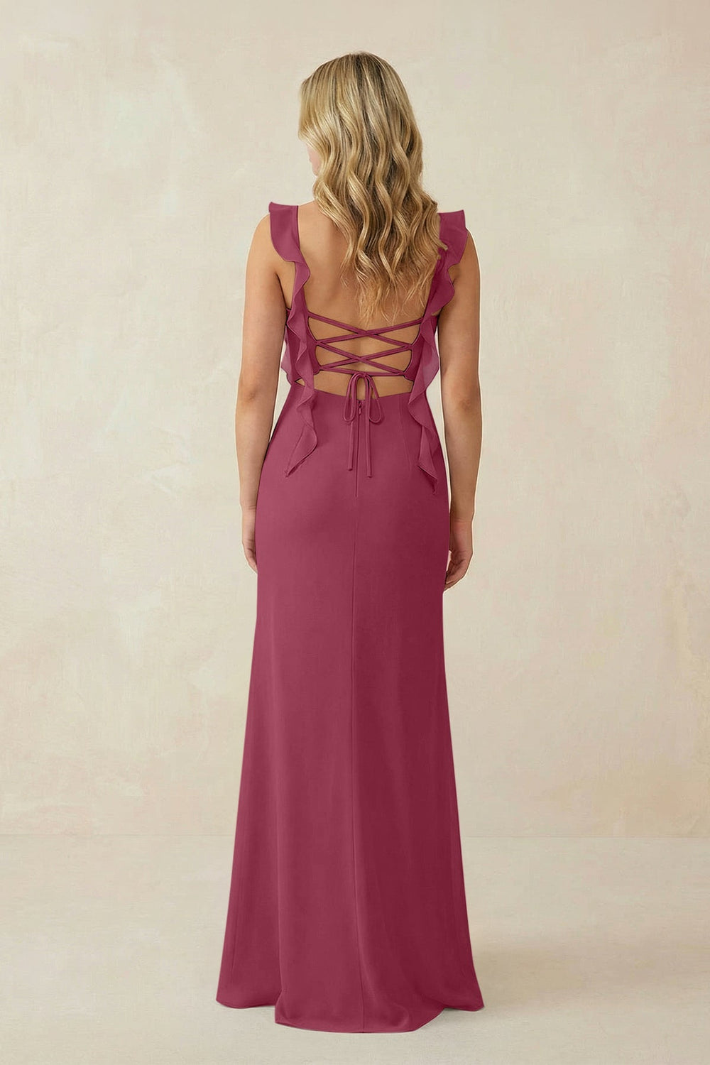 Ruffled Sleeve Ruched Sheath Chiffon Bridesmaid Dress in Desert Rose - KISS BRIDAL BRIDESMAID DRESSES