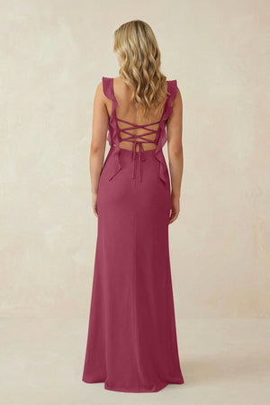 Ruffled Sleeve Ruched Sheath Chiffon Bridesmaid Dress in Desert Rose - SHE IS ME BRIDESMAID DRESSES