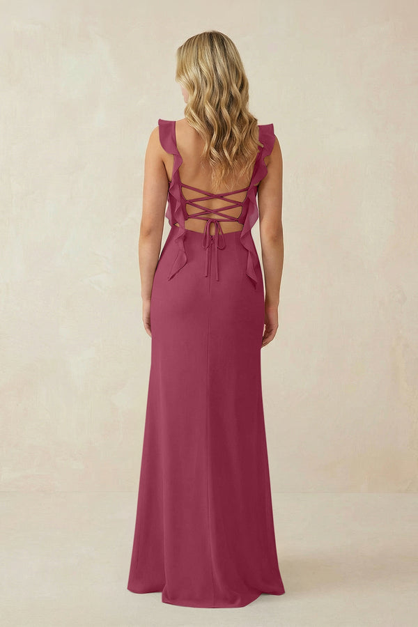 Ruffled Sleeve Ruched Sheath Chiffon Bridesmaid Dress in Desert Rose - SHE IS ME BRIDESMAID DRESSES
