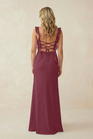 Ruffled Sleeve Ruched Sheath Chiffon Bridesmaid Dress in Desert Rose (2) | KISSBRIDAL