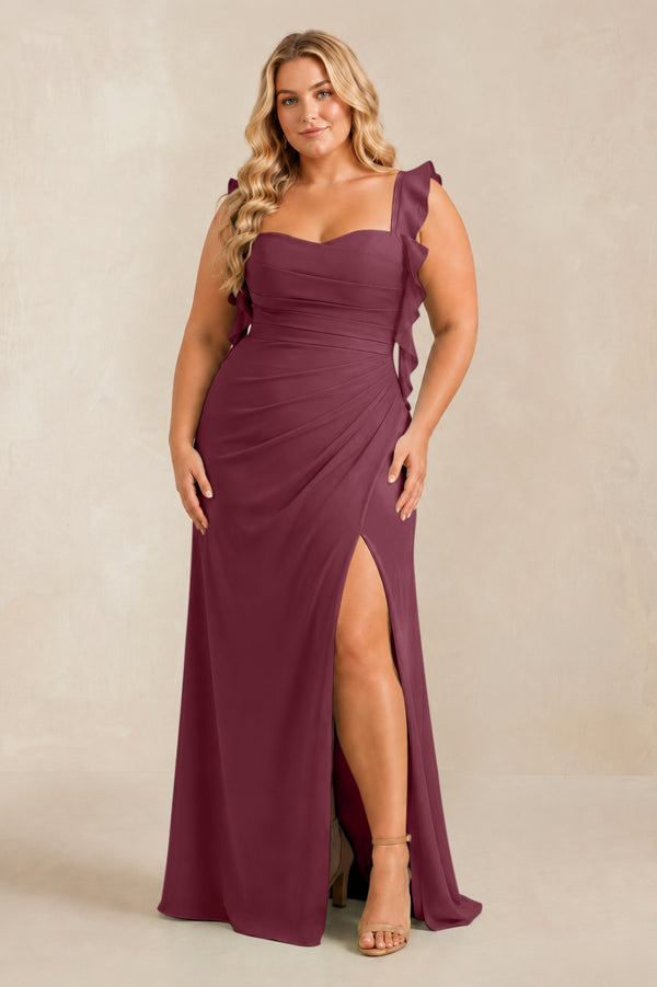Ruffled Sleeve Ruched Sheath Chiffon Bridesmaid Dress in Desert Rose (3) [sizeplus] | KISSBRIDAL