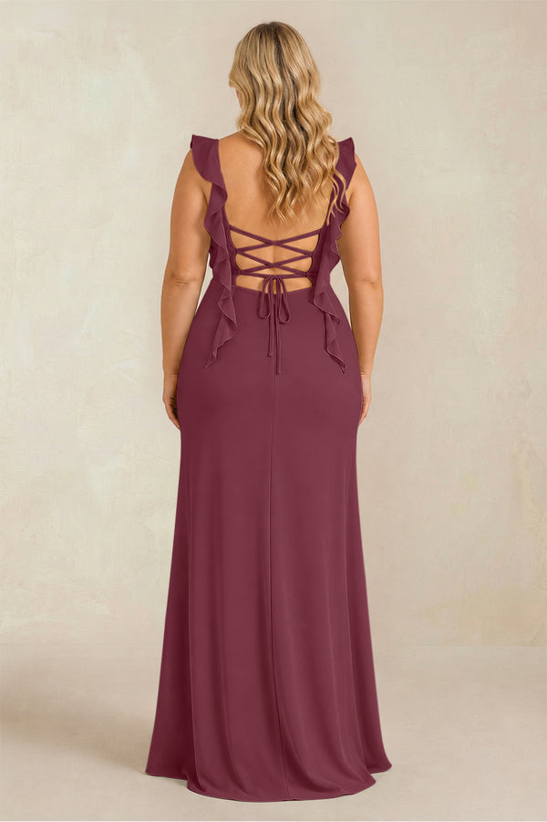 Ruffled Sleeve Ruched Sheath Chiffon Bridesmaid Dress in Desert Rose (4) [sizeplus] | KISSBRIDAL