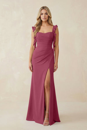 Ruffled Sleeve Ruched Sheath Chiffon Bridesmaid Dress in Desert Rose - SHE IS ME BRIDESMAID DRESSES