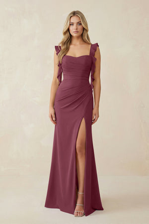 Ruffled Sleeve Ruched Sheath Chiffon Bridesmaid Dress in Desert Rose | KISSBRIDAL