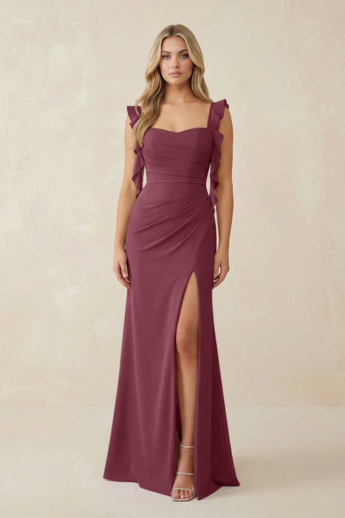 Ruffled Sleeve Ruched Sheath Chiffon Bridesmaid Dress in Desert Rose | KISSBRIDAL