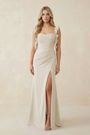 Ruffled Sleeve Ruched Sheath Chiffon Bridesmaid Dress in Dove Gray - SHE IS ME BRIDESMAID DRESSES