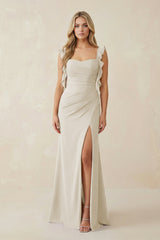 Ruffled Sleeve Ruched Sheath Chiffon Bridesmaid Dress in Dove Gray - KISS BRIDAL BRIDESMAID DRESSES