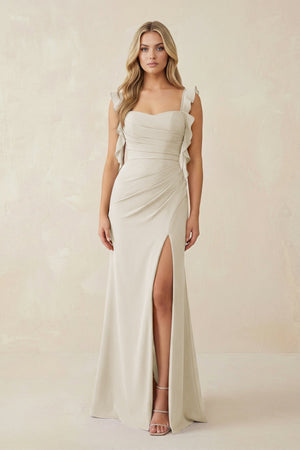 Ruffled Sleeve Ruched Sheath Chiffon Bridesmaid Dress in Dove Gray - SHE IS ME BRIDESMAID DRESSES