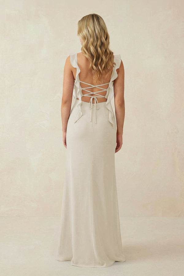 Ruffled Sleeve Ruched Sheath Chiffon Bridesmaid Dress in Dove Gray - SHE IS ME BRIDESMAID DRESSES