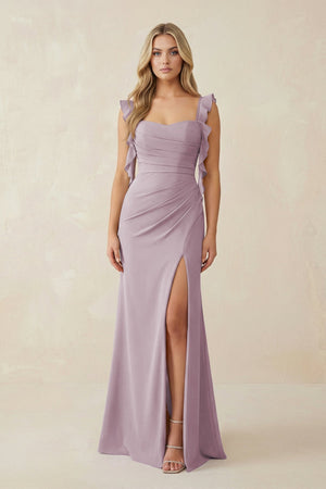 Ruffled Sleeve Ruched Sheath Chiffon Bridesmaid Dress in Dusk - SHE IS ME BRIDESMAID DRESSES