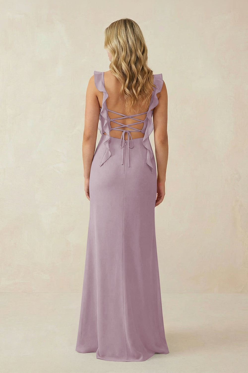 Ruffled Sleeve Ruched Sheath Chiffon Bridesmaid Dress in Dusk - KISS BRIDAL BRIDESMAID DRESSES