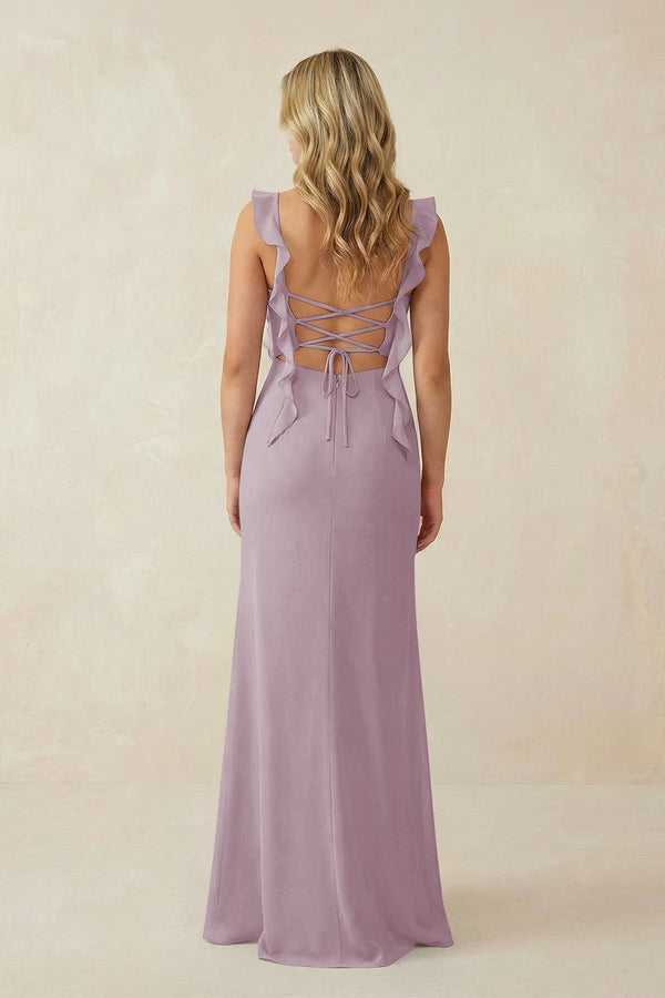 Ruffled Sleeve Ruched Sheath Chiffon Bridesmaid Dress in Dusk - SHE IS ME BRIDESMAID DRESSES