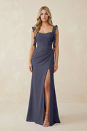 Ruffled Sleeve Ruched Sheath Chiffon Bridesmaid Dress in Dusk Blue - SHE IS ME BRIDESMAID DRESSES