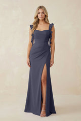 Ruffled Sleeve Ruched Sheath Chiffon Bridesmaid Dress in Dusk Blue - KISS BRIDAL BRIDESMAID DRESSES