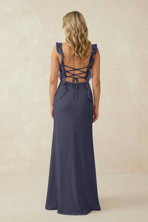 Ruffled Sleeve Ruched Sheath Chiffon Bridesmaid Dress in Dusk Blue - SHE IS ME BRIDESMAID DRESSES