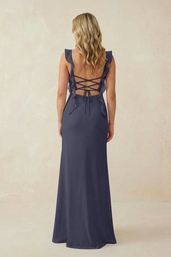 Ruffled Sleeve Ruched Sheath Chiffon Bridesmaid Dress in Dusk Blue - SHE IS ME BRIDESMAID DRESSES