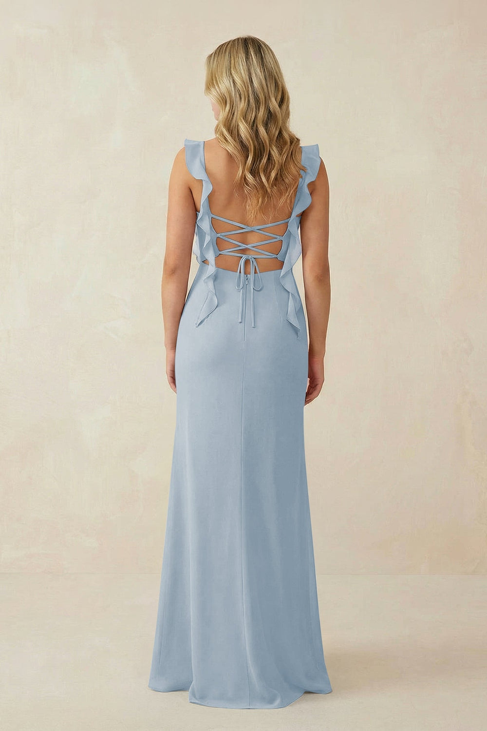 Ruffled Sleeve Ruched Sheath Chiffon Bridesmaid Dress in Dusty Blue - KISS BRIDAL BRIDESMAID DRESSES