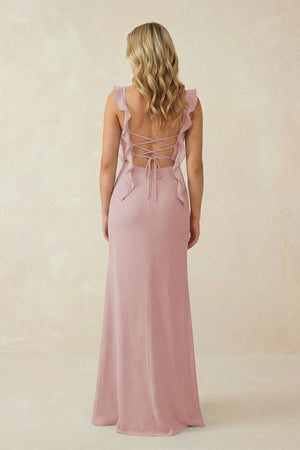 Ruffled Sleeve Ruched Sheath Chiffon Bridesmaid Dress in Dusty Rose - SHE IS ME BRIDESMAID DRESSES