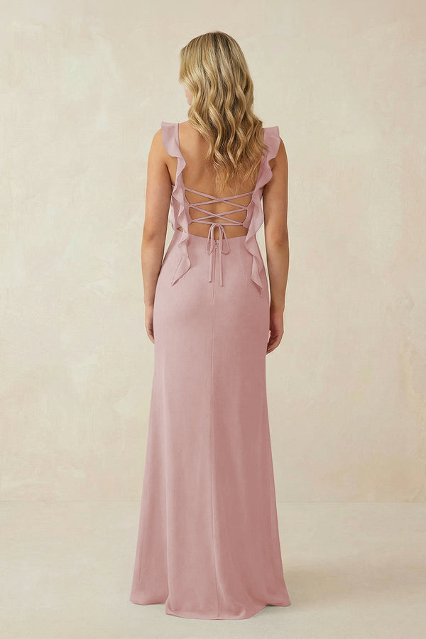 Ruffled Sleeve Ruched Sheath Chiffon Bridesmaid Dress in Dusty Rose - SHE IS ME BRIDESMAID DRESSES