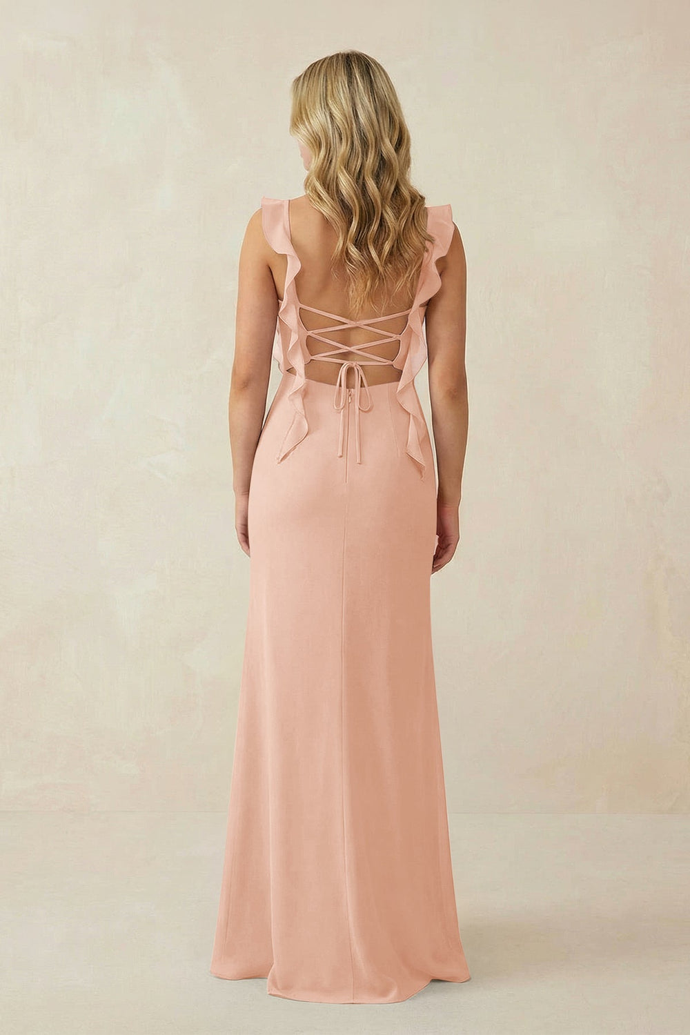 Ruffled Sleeve Ruched Sheath Chiffon Bridesmaid Dress in English Rose - KISS BRIDAL BRIDESMAID DRESSES