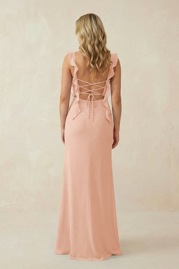 Ruffled Sleeve Ruched Sheath Chiffon Bridesmaid Dress in English Rose - SHE IS ME BRIDESMAID DRESSES