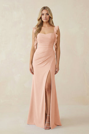 Ruffled Sleeve Ruched Sheath Chiffon Bridesmaid Dress in English Rose - SHE IS ME BRIDESMAID DRESSES