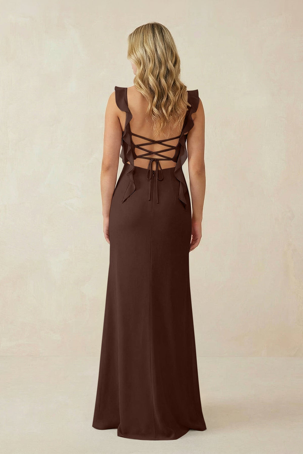 Ruffled Sleeve Ruched Sheath Chiffon Bridesmaid Dress in Espresso - KISS BRIDAL BRIDESMAID DRESSES