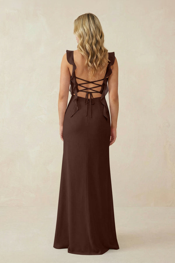 Ruffled Sleeve Ruched Sheath Chiffon Bridesmaid Dress in Espresso - SHE IS ME BRIDESMAID DRESSES
