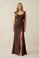 Ruffled Sleeve Ruched Sheath Chiffon Bridesmaid Dress in Espresso - SHE IS ME BRIDESMAID DRESSES