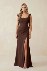 Ruffled Sleeve Ruched Sheath Chiffon Bridesmaid Dress in Espresso - KISS BRIDAL BRIDESMAID DRESSES