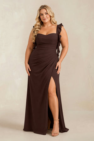 Ruffled Sleeve Ruched Sheath Chiffon Bridesmaid Dress in Espresso - KISS BRIDAL BRIDESMAID DRESSES[sizeplus]