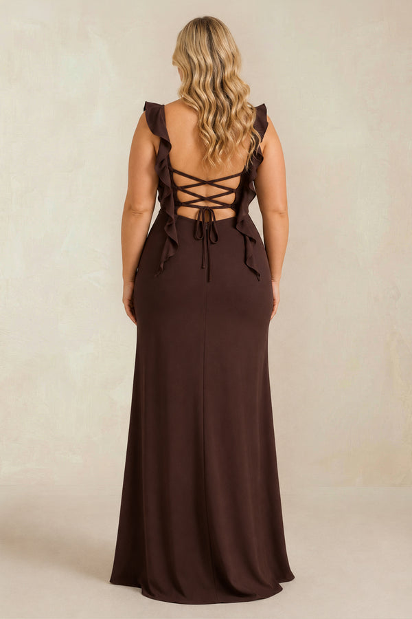 Ruffled Sleeve Ruched Sheath Chiffon Bridesmaid Dress in Espresso - KISS BRIDAL BRIDESMAID DRESSES[sizeplus]