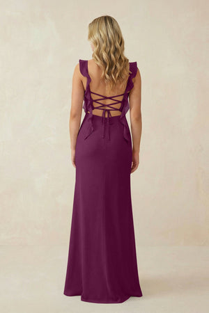 Ruffled Sleeve Ruched Sheath Chiffon Bridesmaid Dress in Fig - SHE IS ME BRIDESMAID DRESSES