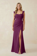 Ruffled Sleeve Ruched Sheath Chiffon Bridesmaid Dress in Fig - SHE IS ME BRIDESMAID DRESSES